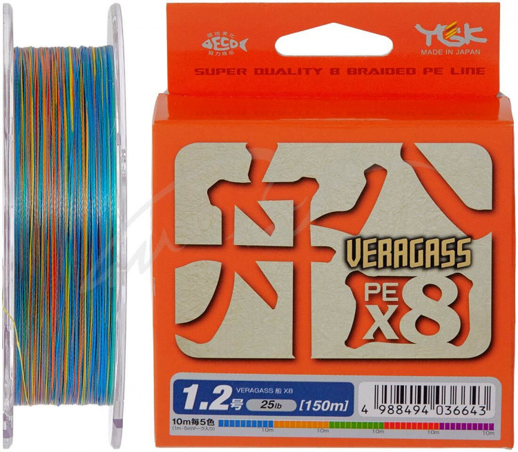 Шнур YGK Veragass Fune X8 150m (мультиколор) #1.5/0.205mm 30lb/12.5kg