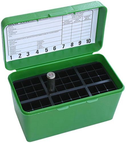 Коробка MTM H50-R-MAG на 50 патронов кал. 7mm Rem Mag; 30-30 Win; 300 Win Mag; 300 Wby Mag; 8x68 S; 338 Win Mag; 375 H&H Mag; 416 Rem Mag и 444 Marlin. Цвет – зеленый.
