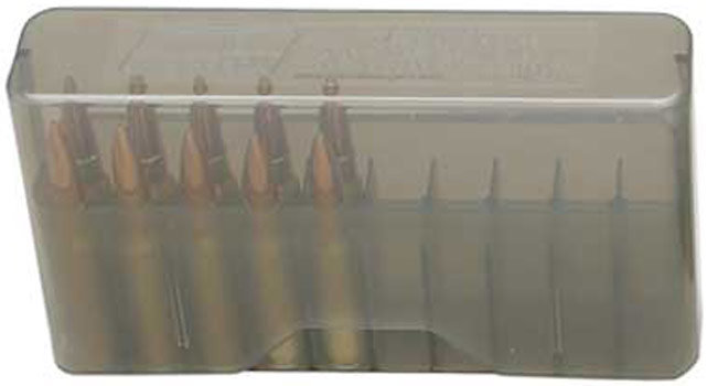 Коробка MTM J-20-M на 20 патронів кал. 219 Zipper; .22 BR; .224 Valkyrie; 6 mm BR Norma; 6,5x55; 7,62x39; 30-30 Win; 308 Win; 410/76. Колір - димчастий.