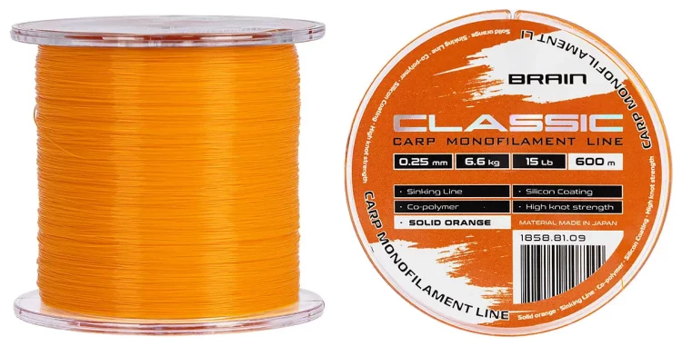 Леска Brain Classic Carp Line (solid orange) 600m 0.25mm 15lb 6.6kg