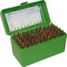 Коробка MTM RLLD-50 на 50 патронів кал. 6,5x284 Norma; 7mm Rem Mag; 300 Win Mag; 300 Wby Mag; 300 RUM; 8x57 JRS; 8x68 S; 338 Win Mag; 9,3x74 R; 375 H&H Mag і 416 Rem Mag. Колір – зелений.