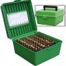 Коробка MTM R-100 на 100 патронів кал. 22-250 Rem; 243 Win; 6 mm BR Norma; 6,5x55; 6,5x284 Norma; 7,62x39; 30-30 Win; 308 Win; 30-06; 8x57 JRS; 9,3x74 R. Колір – зелений.